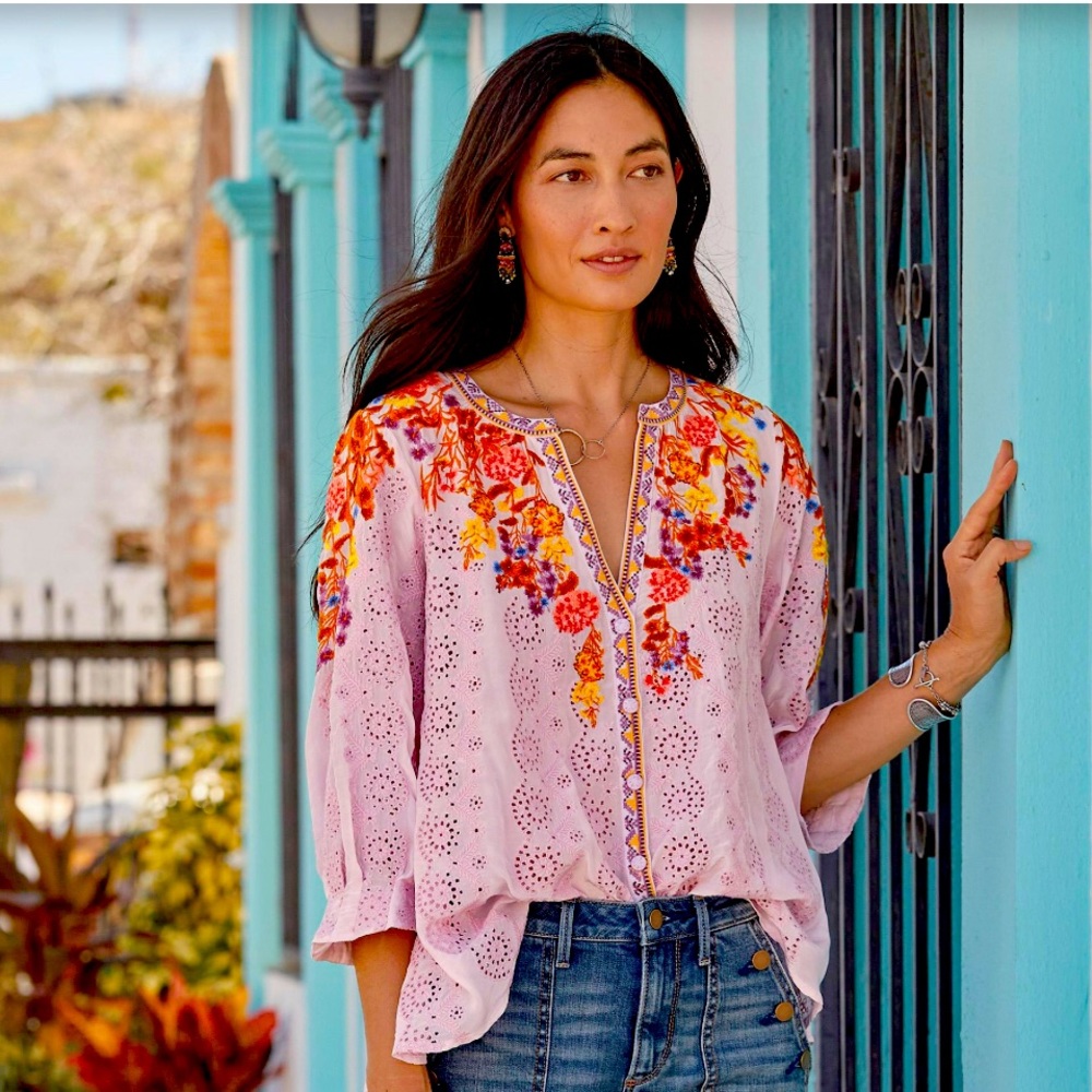 Sundance Pink Blouse with Orange Floral Embroidery